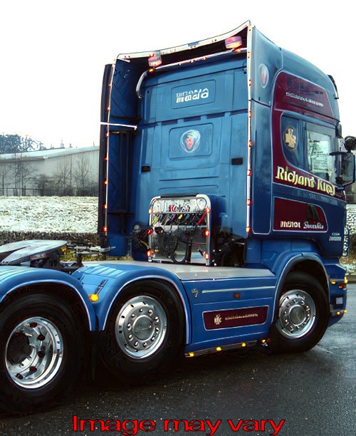 Stainless Steel SideStrips for Scania R2 V8 6x2 | Wheelbase 4050mm | 4 Amber LEDs | Exhaust Left Side