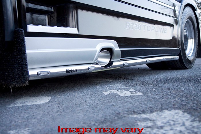 Stainless Steel SideBars for Scania R2 with Low Sideskirts (Exhaust in Middle of Left Side) | 5 Amber LEDs
